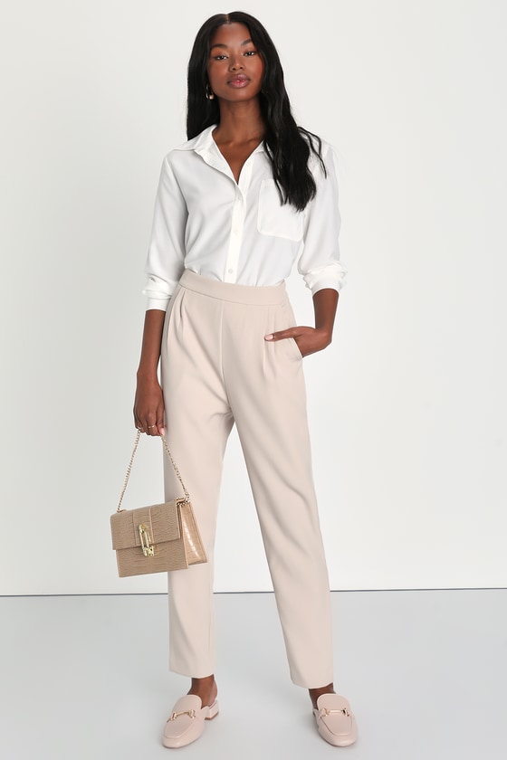 Wide Beige Pants with Short Sleeve White Shirt | Sumissura